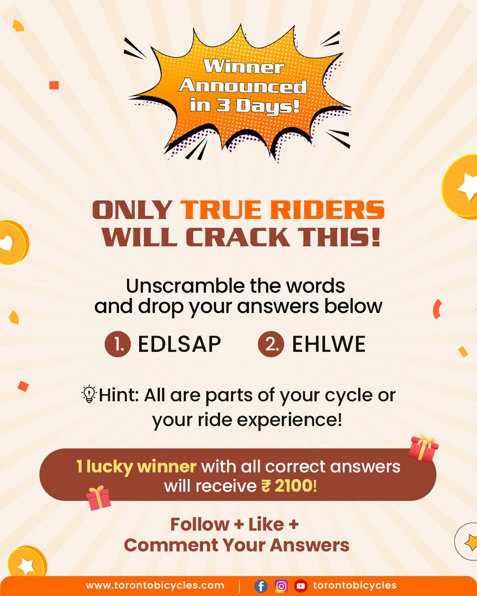 TorontoBic41714's tweet photo. Giveaway 2.0 is HERE! 🎉
Think you’re a true rider? Let’s put it to the test!
Unscramble the cycling words and prove your pedal power.
.
.
.
#TorontoBicycles #Giveaway #CyclingChallenge #TrueRider #ContestAlert #CyclistsOfIndia #RideItYourWay https://t.co/RgdHzMpVrZ
