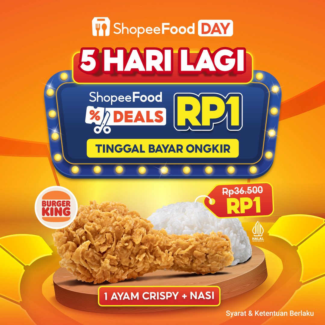 shopeefood_id's tweet photo. โณ 5 HARI LAGI! ๐๐
Paket ayam + nasi di Burger King cuma Rp1 aja! ๐ฑ๐ฅ Catat tanggalnya, 19 Agustus jam 11.00 WIB, siapin alarm biar gak kelewatan~ โฐ๐ฑ
#MendingShopeeFood #ShopeeFood #PromoShopeeFood #ShopeeFoodDeals #Deals https://t.co/Duk2YhsVwH