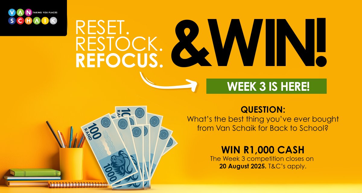 vanschaik1's tweet image. 🚨 WEEK 3 CASH ALERT 🚨

Week 3 is here and we want you to tell us: What’s the BEST thing you’ve ever bought from Van Schaik for Back to School?

Comment below and you could WIN R1,000 CASH! 💸

📅 Entries close 20th August 2025.
📌 T&amp;amp;C’s apply.

#VanSchaik #CashGiveaway #Win