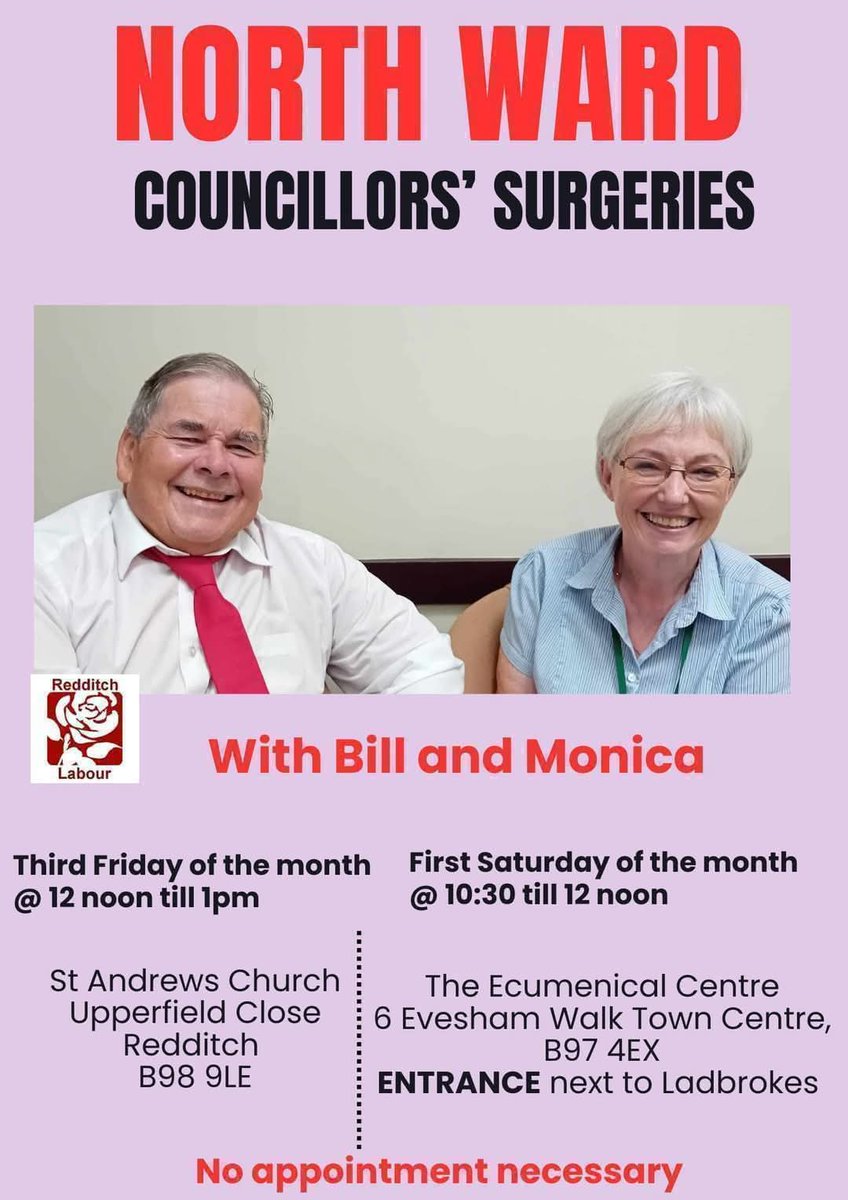 Bill Hartnett Cllr, North Ward. Redditch (@billhartnett1) on Twitter photo Tomorow Friday 15th August is Councillor Monica Stringfellow <a href="/MagpieMon/">Monica Stringfellow</a> and my surgery at St Andrew's Church light Bites Coffee shop, 12.00 - 1.00pm. No need for an appointment just drop in for a chat and a cuppa. Tomorow Friday 15th August is Councillor Monica Stringfellow <a href="/MagpieMon/">Monica Stringfellow</a> and my surgery at St Andrew's Church light Bites Coffee shop, 12.00 - 1.00pm. No need for an appointment just drop in for a chat and a cuppa.