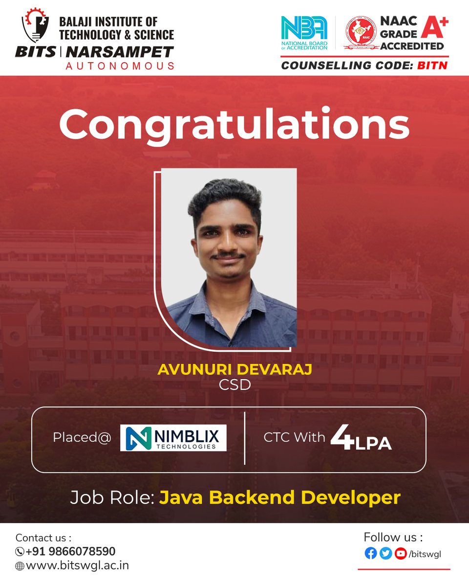bitswgl's tweet image. Celebrating the success of our student for securing placement as a Java Backend Developer at Nimblix Technologies with a CTC of 4 LPA. Wishing great achievements ahead.
#CampusPlacements #CareerSuccess #JavaBackendDeveloper #BITSWarangal #PlacementDrive #NimblixTechnologies