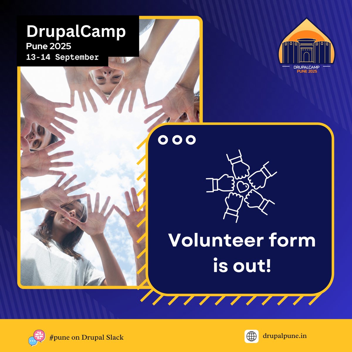 drupalcamppune's tweet image. 🙌 Volunteer Form for #DrupalCampPune2025 is live!
📅 Apply before 25 Aug
🔗 Details: drupalpune.in/volunteer-oppo…
Join us & make the camp unforgettable 💙
#DrupalIndia #DrupalPune #DAP #OpenSource #DrupalCommunity