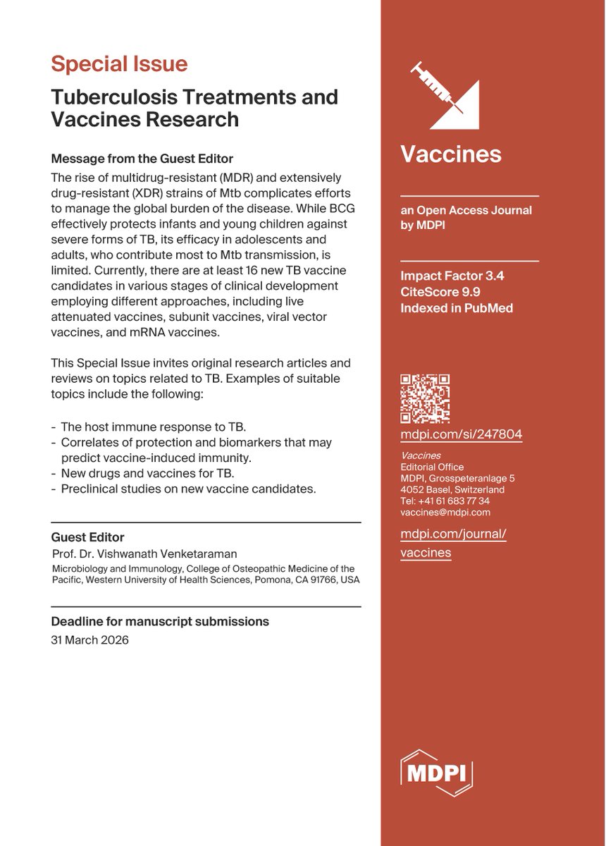 📢New Special Issue has been launched!
Special Issue: "#Tuberculosis Treatments and #Vaccines Research" 
Guest Editor: Prof. Dr. Vishwanath Venketaraman
🗓️ Manuscript Submission Deadline: 31 March 2026
👉For more information: brnw.ch/21wUUfF