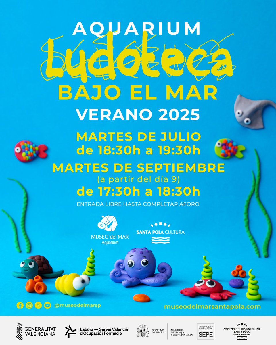 En #septiembre 🎨 Vuelven las LUDOTECAS al #AquariumSantaPola y el #CastilloFortaleza 👉🏼 Disfruta en familia en los #espacioseducativos del #MuseodelMarSantaPola 😍
📆Todos los martes a partir del día 9 🕡 17:30h 
ℹ️ Entrada libre

#ludoteca #cultura #acuario #museo #SantaPola