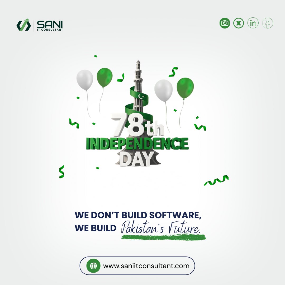 sani_it's tweet photo. 𝐇𝐚𝐩𝐩𝐲 𝟕𝟖𝐭𝐡 𝐈𝐧𝐝𝐞𝐩𝐞𝐧𝐝𝐞𝐧𝐜𝐞 𝐃𝐚𝐲! 🇵🇰
Committed to innovation and progress. We don't build software, we build Pakistan's future! ✨
.
𝐖𝐞𝐛𝐬𝐢𝐭𝐞: https://t.co/wQkZLyqlw7
____________
#saniitconsultant #independenceday #14thaugust #happyindependenceday https://t.co/KuZ3xi8Uf8