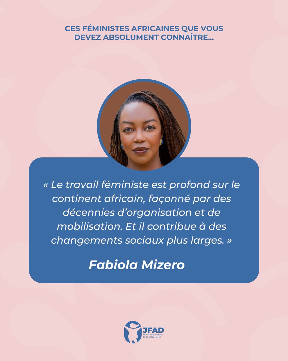 Jfad_Ong's tweet photo. Ces féministes africaines que vous devez absolument connaître 🤩

🚀 Fabiola Mizero Ngirabatware

Fabiola Mizero Ngirabatware est une féministe d’origine rwandaise et militante pour la justice sociale. Elle est engagée pour les droits sexuels et reproductifs, l’égalité de genre et la transformation des structures de pouvoir dans les organisations et les communautés. ✊🏾

Fabiola possède un riche parcours académique et professionnel, marqué par plus de dix années d’expérience en développement organisationnel, gouvernance féministe et accompagnement de mouvements sociaux, en Afrique et à l’international. Elle a travaillé avec des organisations telles que Plan International, le Centre des organismes communautaires, la Fondation Batonga, Elle Magazine, et a fondé son propre cabinet de conseil, Mizero Consulting, spécialisé dans les stratégies de gouvernance inclusive et la lutte contre les oppressions.

Fabiola a dirigé et conseillé plusieurs initiatives majeures visant à renforcer le leadership collectif et l’équité au sein des organisations. En tant que consultante, elle a collaboré avec des institutions comme l’UNESCO, Care International, le Global Fund for Women, le Digital Freedom Fund ou encore ISDAO, accompagnant leur transformation vers des modèles de gouvernance plus participatifs et féministes.

Actuellement directrice d’Ipas Afrique Francophone, elle pilote des programmes ambitieux pour garantir l’accès à la contraception et à l’avortement sécurisé, et pour promouvoir une approche intersectionnelle de la santé et des droits sexuels et reproductifs.

Co-initiatrice de l'Université d'Eté féministe Afrique de l'Ouest et du Centre, elle porte la voix des femmes africaines dans les espaces de décision, du local à l’international à travers ses interventions. 

Nous vous invitons à découvrir davantage son parcours, ses combats et sa vision du féminisme africain…💜