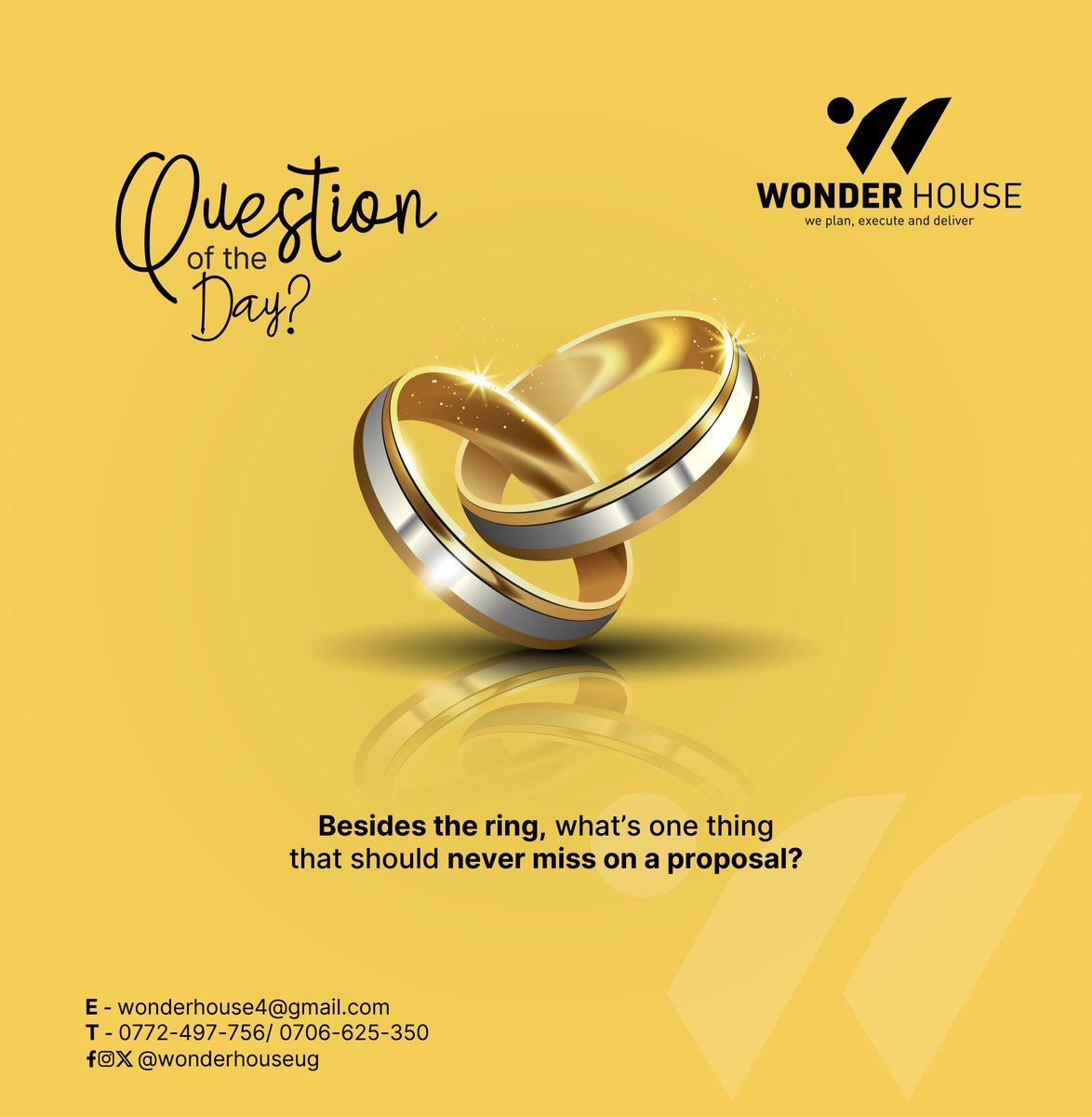 wonderhouseug's tweet photo. Apart from the ring💍, what’s the one thing you believe shouldn’t miss on a proposal?💛
#WonderHouse #willyoumarryme #proposal #eventplanner #proposalpackage #perfectproposal #EngagementPlanner #questionoftheday https://t.co/nL8ni3ubg0