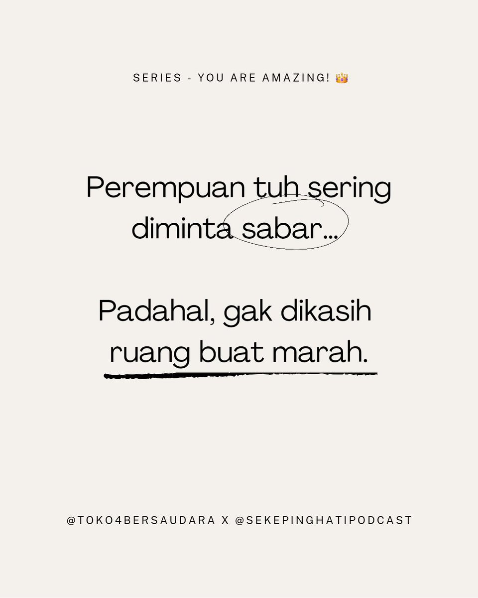 sekepinghatii_'s tweet photo. Kadang kita terlalu sering disuruh kuat. Padahal kita cuma pengen ada yang bilang: "Gak apa-apa kok ngerasa capek." -- Kamu pernah ngerasa gini juga?
.
Series "You are Amazing!" - @sekepinghatii_ x @toko4bersaudara https://t.co/qhVfIqzRqr