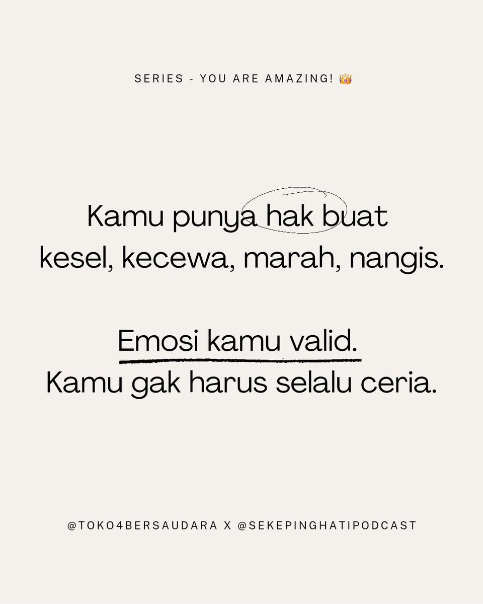 sekepinghatii_'s tweet photo. Kadang kita terlalu sering disuruh kuat. Padahal kita cuma pengen ada yang bilang: "Gak apa-apa kok ngerasa capek." -- Kamu pernah ngerasa gini juga?
.
Series "You are Amazing!" - @sekepinghatii_ x @toko4bersaudara https://t.co/qhVfIqzRqr