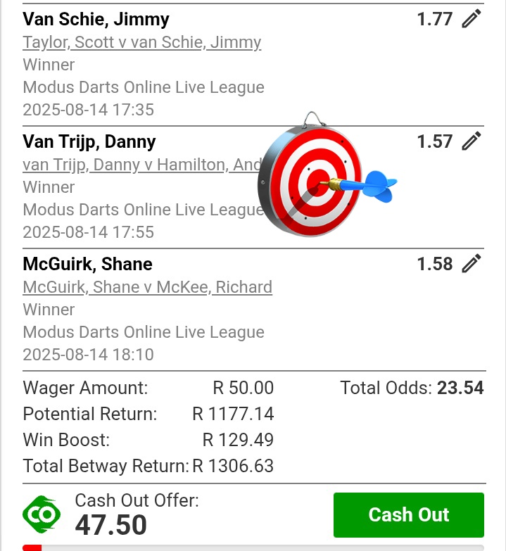 DARTS 🎯 🫴 🍏 
Multi Bet betslip : BWA9B74C4 betway.co.za/bookabet/BWA9B…
START TIME: 16;25 😩🫣