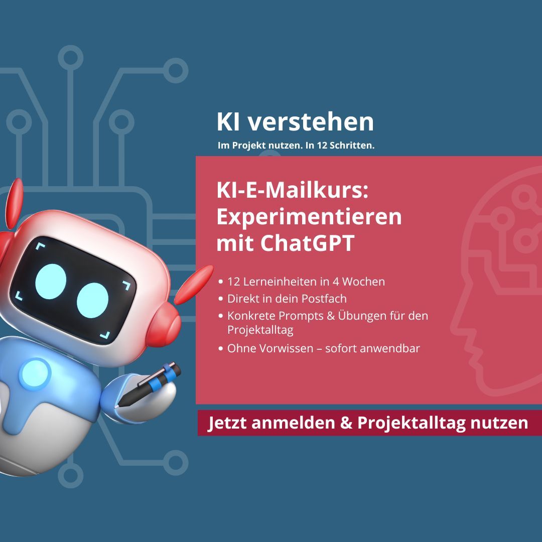 ChatGPT liefert keine brauchbaren Ergebnisse? Dann liegt's am Prompt! Unser kostenloser KI-E-Mailkurs zeigt dir in 12 kompakten Einheiten, wie du mit gezielten Prompts deine Projektarbeit optimierst. 
Jetzt anmelden 👉 buff.ly/BbdVuBk  

#PMmitKI #projektmagazin #ChatGPT