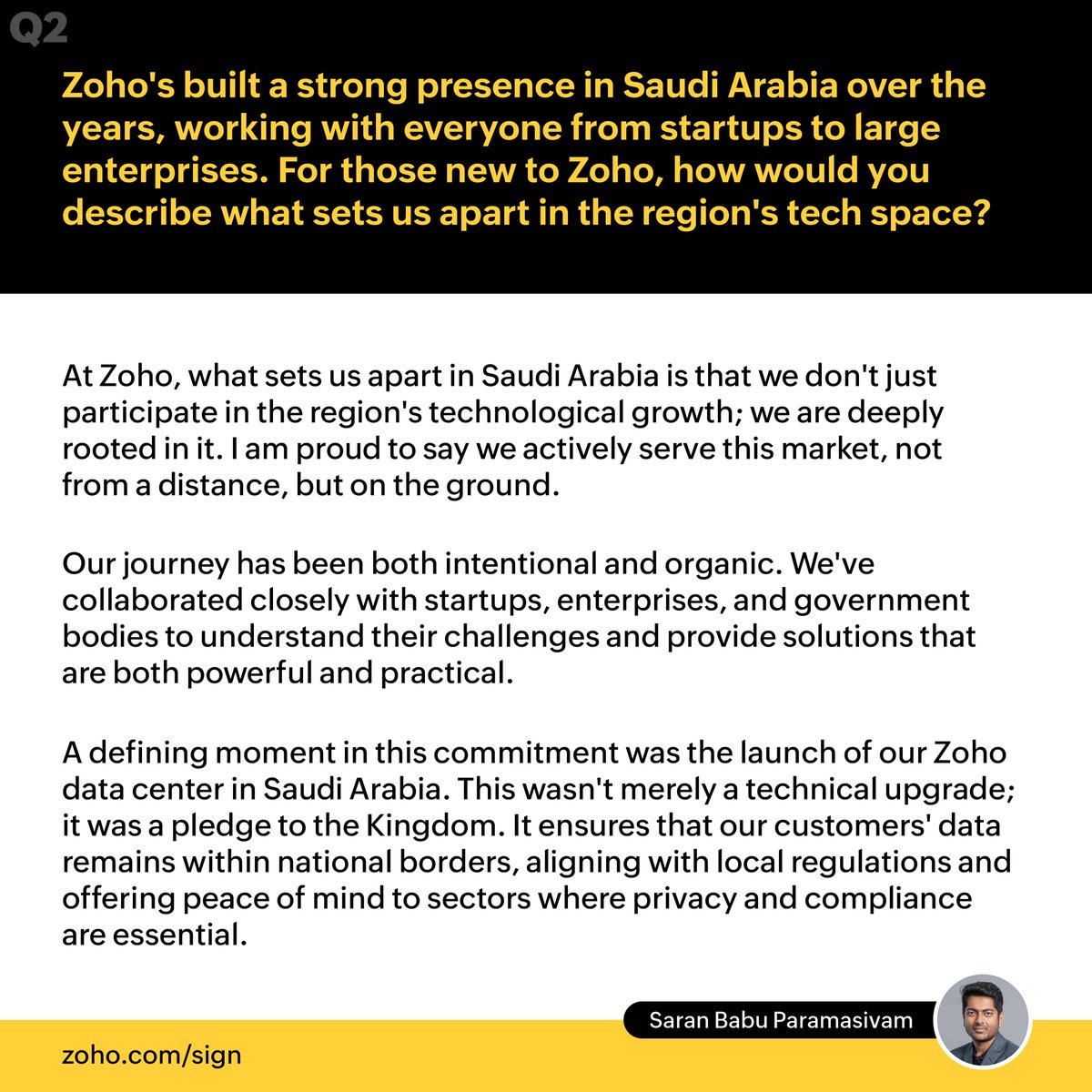 ZohoSign's tweet photo. From the very first graduate of Zoho Schools of Learning (@ZohoSchools) to Regional Director for Zoho Middle East & Africa, Saran Babu Paramasivam (@saranbabu) shares his inspiring journey at @Zoho and how @ZohoSign's compliance with regional laws is transforming businesses across the Middle East and Africa.

@ZohoMENA | @ZohoAfrica