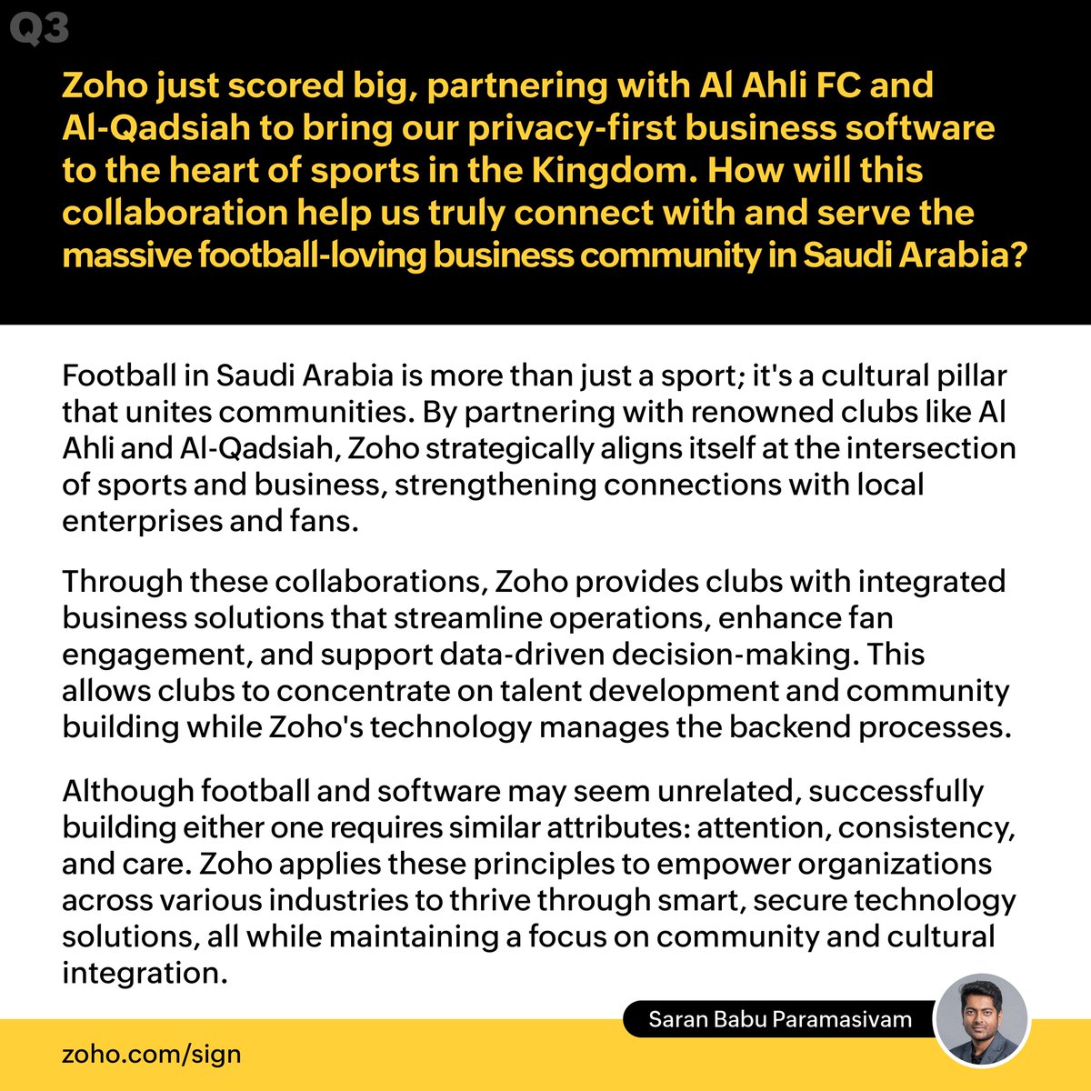 ZohoSign's tweet photo. From the very first graduate of Zoho Schools of Learning (@ZohoSchools) to Regional Director for Zoho Middle East & Africa, Saran Babu Paramasivam (@saranbabu) shares his inspiring journey at @Zoho and how @ZohoSign's compliance with regional laws is transforming businesses across the Middle East and Africa.

@ZohoMENA | @ZohoAfrica