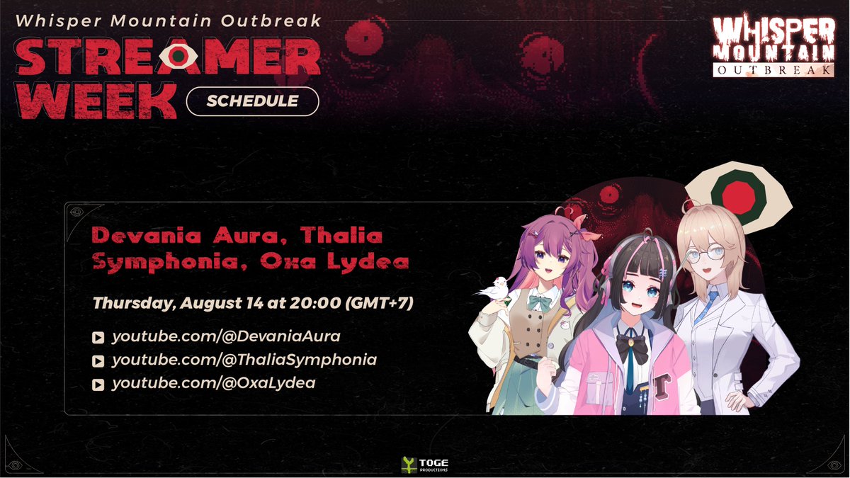 Toge Productions 🌱 (@togeproductions) on Twitter photo Only 2 hours until <a href="/OxaLydea/">Oxa Lydea 🔬🏫</a> <a href="/DevaniaAura/">Aura 🕊️🎼</a> <a href="/SymphoniaThalia/">Thalia Symphonia🎧🎀</a> jump into the chaos of <a href="/WMOgame/">Whisper Mountain Outbreak ➡️ OUT NOW</a>!
Grab your seat for the stream:
🔬youtube.com/@OxaLydea
🕊️youtube.com/@DevaniaAura
🎀youtube.com/@ThaliaSymphon… Only 2 hours until <a href="/OxaLydea/">Oxa Lydea 🔬🏫</a> <a href="/DevaniaAura/">Aura 🕊️🎼</a> <a href="/SymphoniaThalia/">Thalia Symphonia🎧🎀</a> jump into the chaos of <a href="/WMOgame/">Whisper Mountain Outbreak ➡️ OUT NOW</a>!
Grab your seat for the stream:
🔬youtube.com/@OxaLydea
🕊️youtube.com/@DevaniaAura
🎀youtube.com/@ThaliaSymphon…