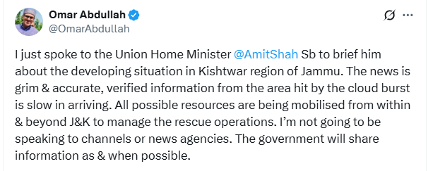 जम्‍मू-कश्‍मीर के किश्तवाड़ में बादल फटने से तबाही, 12 लोगों के शव मिले; रेस्क्यू जारी
