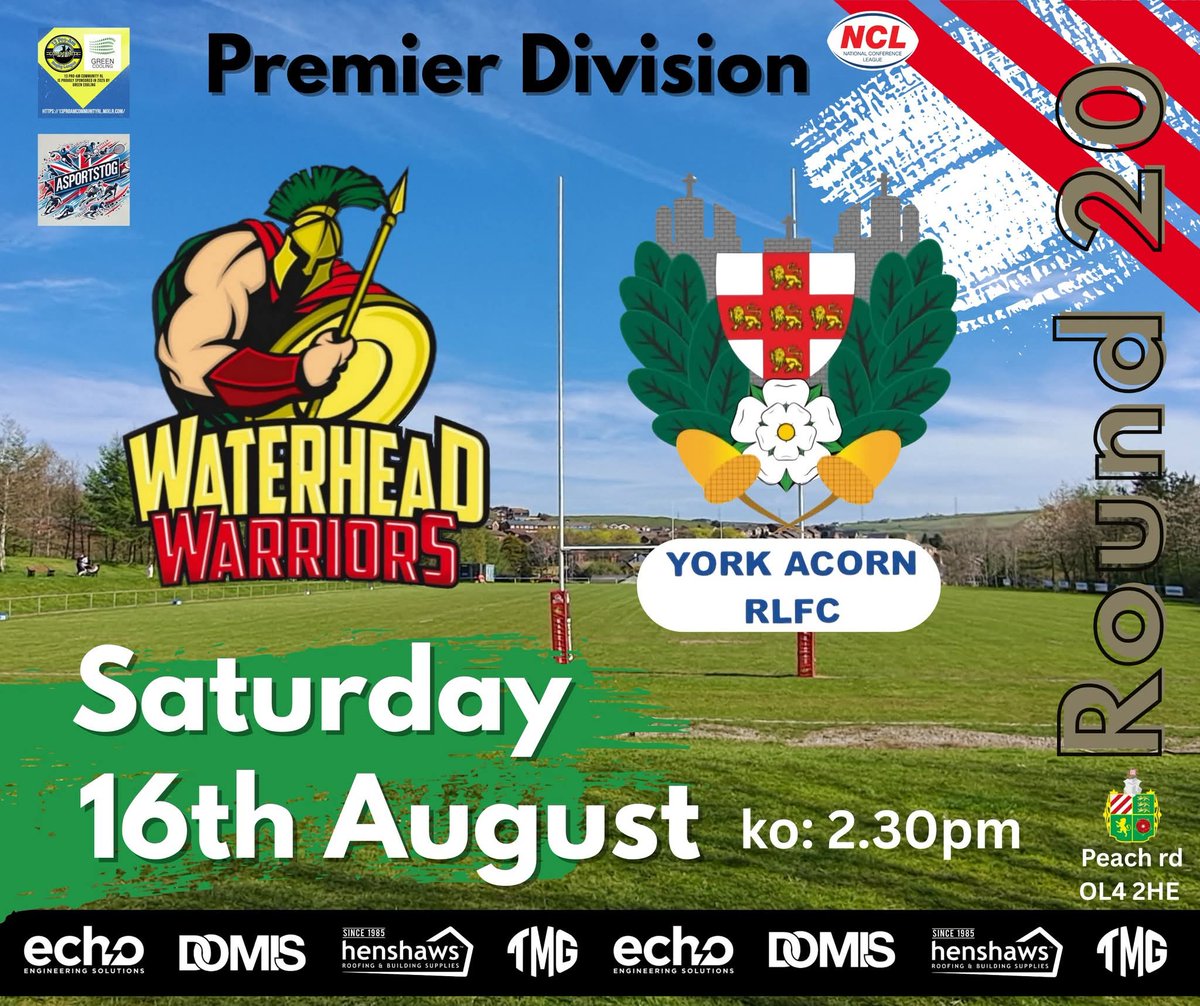 📅 Saturday 16th August
🏆 <a href="/OfficialNCL/">National Conference League - RL</a> Premier Division
⏰ 2.30pm
👕 <a href="/WaterheadARLFC/">Waterhead Warriors</a> 🆚️ <a href="/yorkacorn/">York Acorn Rugby League</a>
🏟 Peach Road

#ILoveRugbyLeagueMe
#thumbsupforfreddie
#RememberRycroft