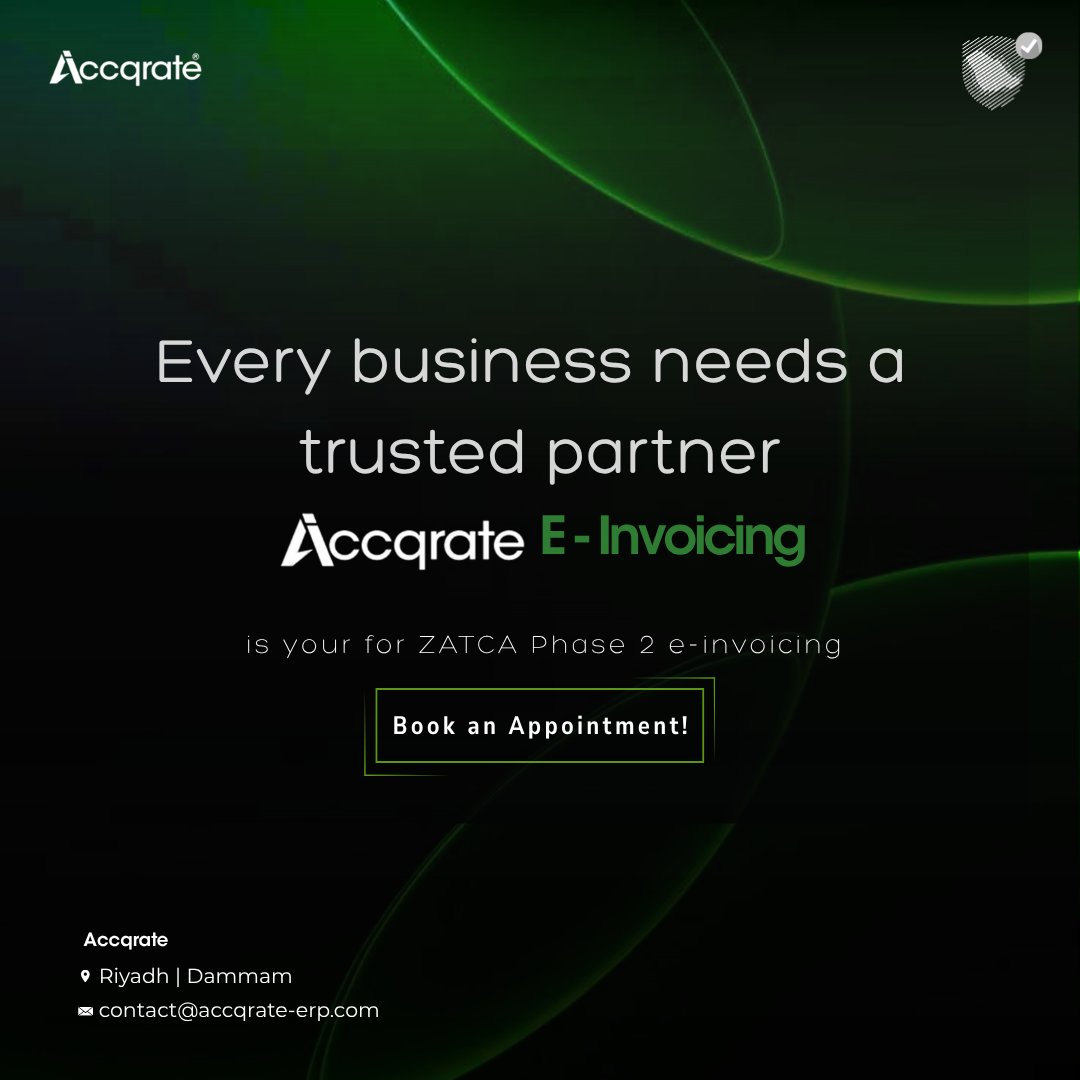 accqrate_erp's tweet photo. Every Business Needs a Trusted Partner—Accqrate E-invoicing for ZATCA Compliance!
Certified onboarding, automated processes, and expert support every step of the way.
#ZATCA #einvoicing #SaudiDigital #accqrateeinvoicing #SaudiDigital #Wave18 #saudiarabia https://t.co/SwYTEKPwbn