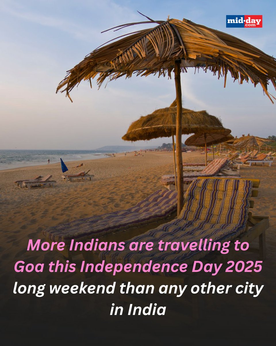 mid_day's tweet image. Day long weekend, topping the list of Indian travel favourites, followed by dreamy destinations like Udaipur, Jaipur, Puri, Lonavala, and more — perfect for a quick escape to soak in the freedom vibes.

#TravelIndia #IndependenceDayWeekend #GoaDiaries #WanderlustIndia