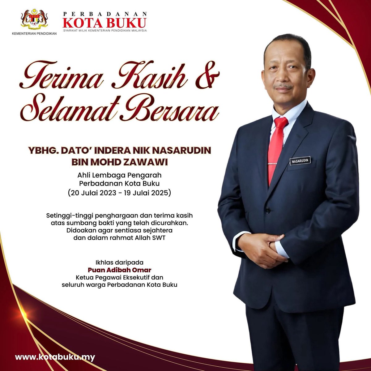 Seluruh warga Perbadanan Kota Buku (PKB) mengucapkan setinggi-tinggi penghargaan dan terima kasih kepada YBhg. Dato’ Indera Nik Nasarudin Bin Mohd Zawawi atas sumbang jasa dan peranan sebagai Ahli Lembaga Pengarah Perbadanan Kota Buku.