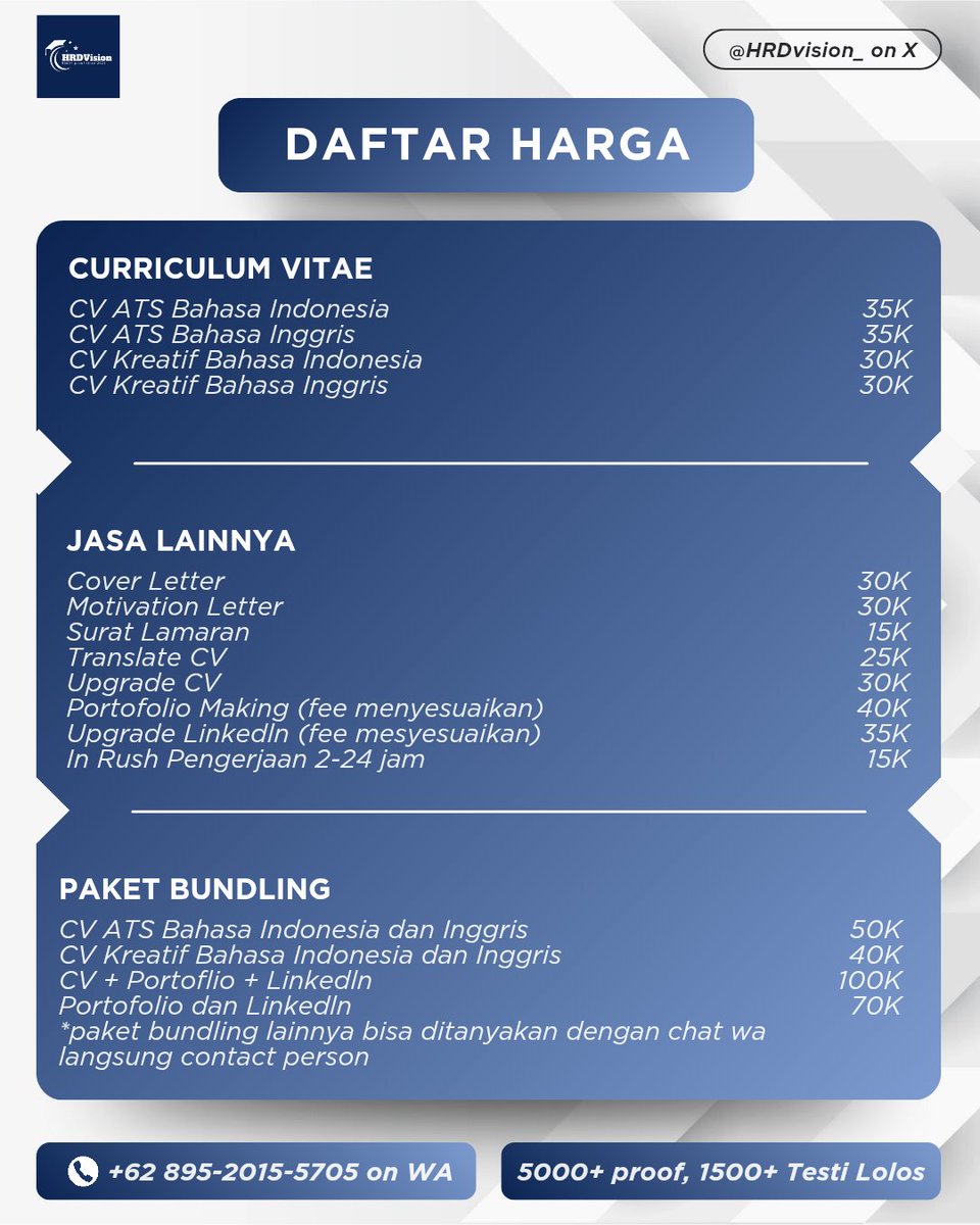 HRDvision_'s tweet photo. @dokyeomgrin PROMO IN RUSH NO FEE 😵‍💫

✨ HRD | S1 Sastra Inggris
✅ 5000+ testimoni | 1500+ lolos kerja
🕰️ Trusted since 2021
📄 Lihat testimoni: https://t.co/1lpTMECjed

Pemesanan via WhatsApp: +62 895-2015-5705 https://t.co/WVpnT8AUJZ