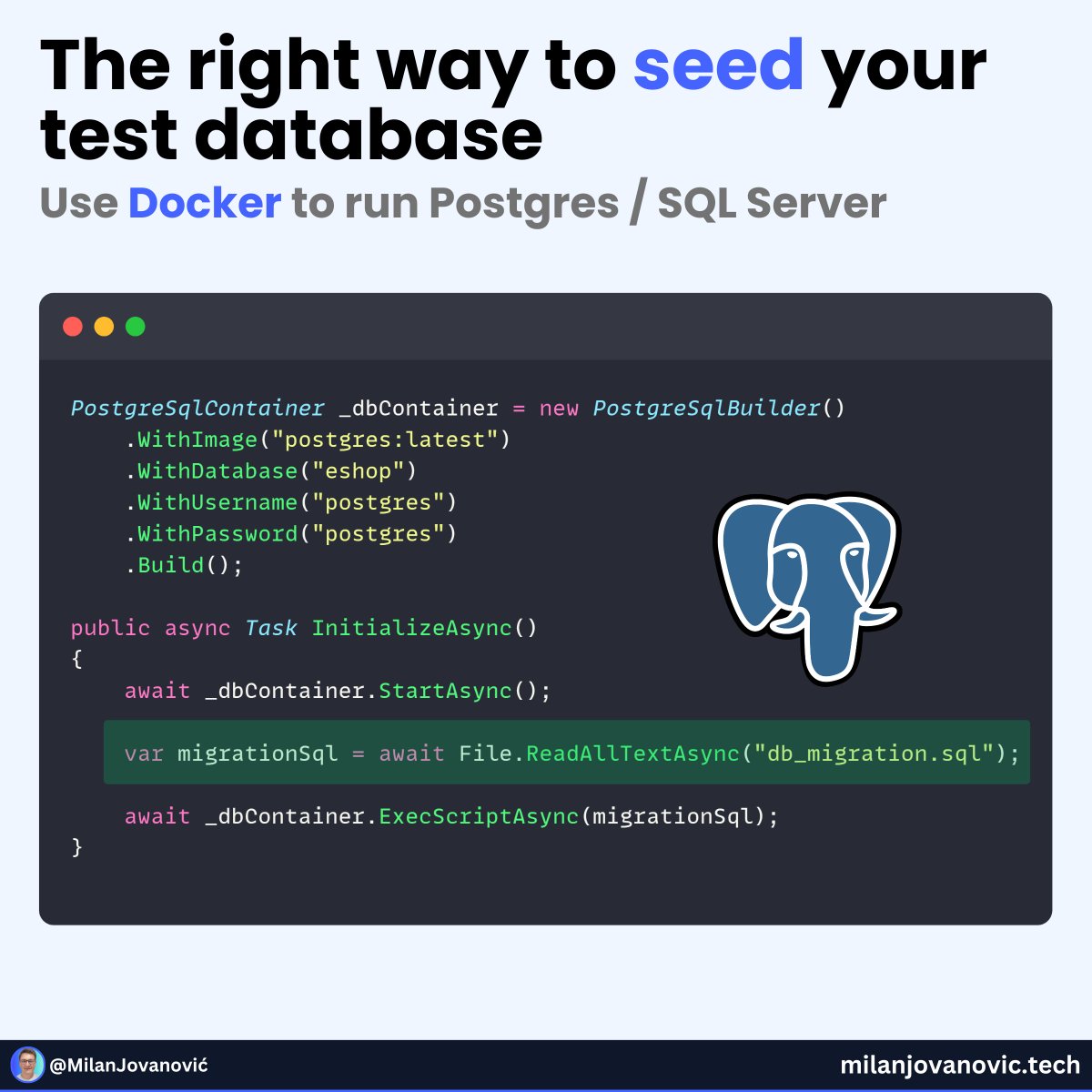 Still mocking your database in integration tests?

That’s fine for unit tests.

But if you want to test real behavior, you need a real database.

This is where Testcontainers comes in.

It spins up lightweight, disposable containers during test runs — like PostgreSQL, MySQL, or
