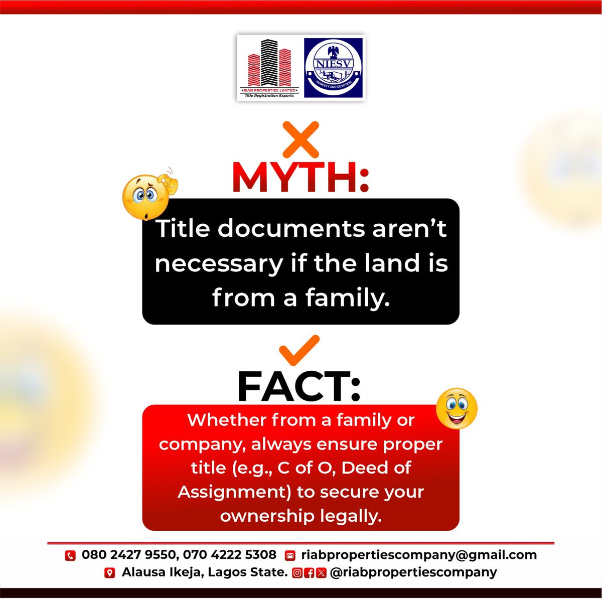 riab_properties's tweet photo. MYTH ALERT
“Title documents aren’t necessary if the land is from a family.”

FACT:
No matter the source — family, company, or friend — always secure proper title documents (C of O, Deed of Assignment, etc.) to protect your ownership legally. https://t.co/YudYu0Vz6t