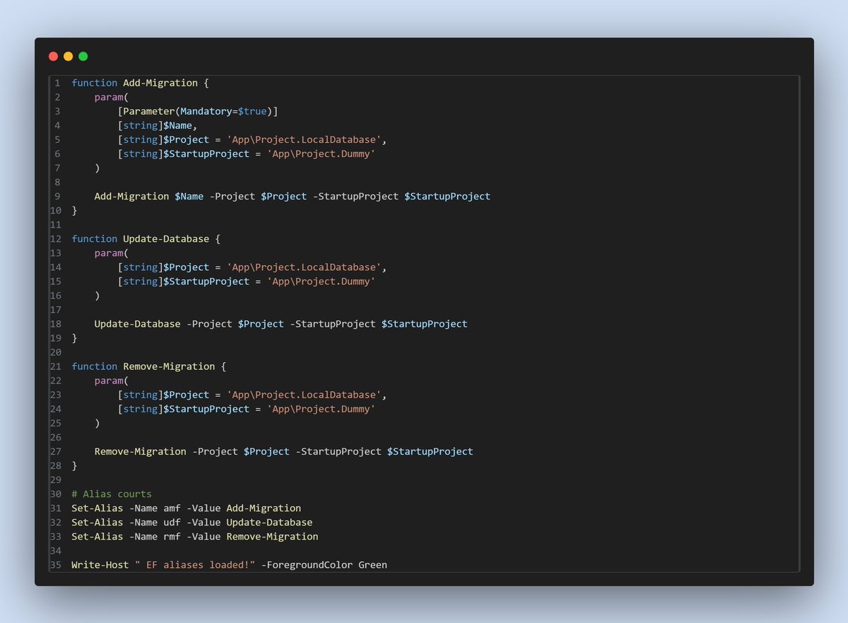 davidverriere's tweet image. Perfect way to improve your Entity Framework Workflow :
Create a powershell alias for each Migration tasks in your PS profil.
#entityframework #visualstudio #csharp #powershell