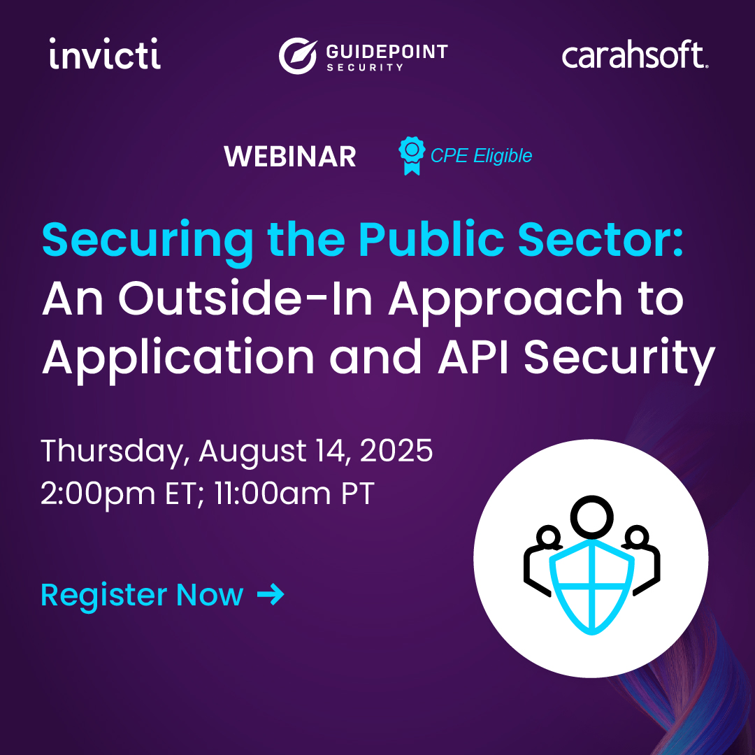 Invicti Security (@invictisecurity) on Twitter photo ๐จ Live webinar today ๐จ
Join <a href="/GuidePointSec/">@guidepointsec</a>, <a href="/Carahsoft/">Carahsoft</a>, and <a href="/InvictiSecurity/">Invicti Security</a> for a live #AppSecWebinar on securing the #PublicSector through an outside-in approach to application and API security
๐ Register now: okt.to/nOzSV5 ๐จ Live webinar today ๐จ
Join <a href="/GuidePointSec/">@guidepointsec</a>, <a href="/Carahsoft/">Carahsoft</a>, and <a href="/InvictiSecurity/">Invicti Security</a> for a live #AppSecWebinar on securing the #PublicSector through an outside-in approach to application and API security
๐ Register now: okt.to/nOzSV5