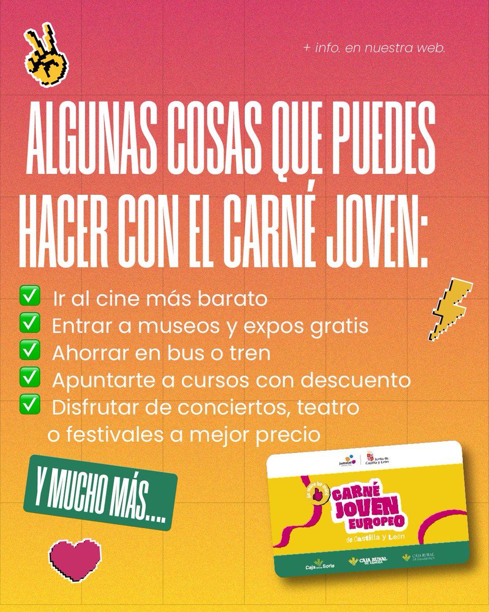 ¿Qué puedes hacer con tu Carné Joven? 🎉

Cine, museos, transporte, cursos y más, ¡todo con descuento!

Tu llave para vivir a tope sin gastar de más. 💥

#CarnéJovenCYL #Descuentos #ModoJoven #PlanesTop