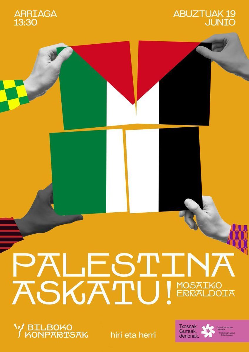 🇵🇸 Aste Nagusian ere aldarrikapenerako tartea dugu. Palestinak bizi duen egoeraren aurrean ahotsa altxatu. Mosaiko erraldoi bat egingo dugu:

📍Arriaga plaza
📅 Abuztuak 19
🕢 13:30

#AsteNagusia2025
#BilbokoKonpartsak
#TxosnakGureakDenonak