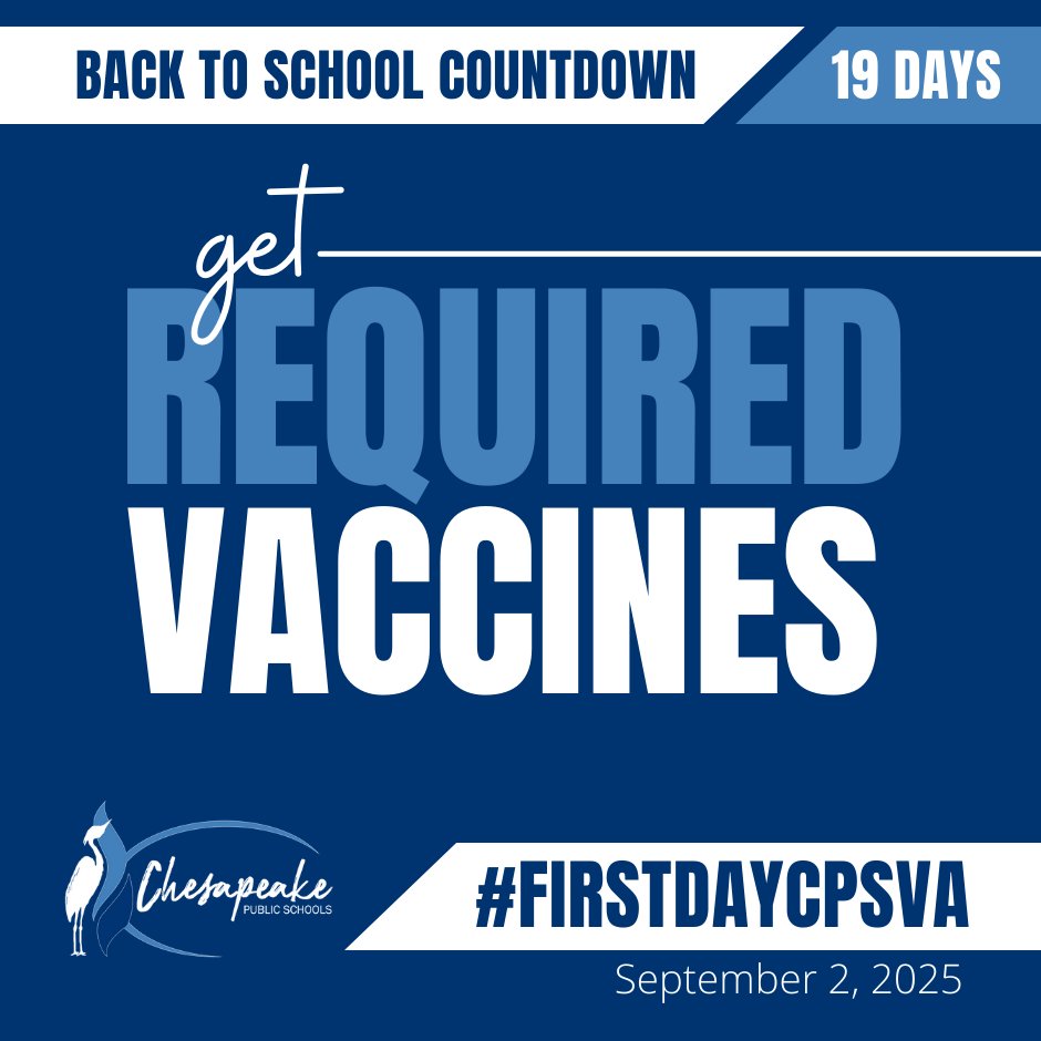 📚 Back-to-school is here! Make sure your child’s vaccines are up to date! Required for kindergarten, 7th &amp; 12th grade.

🔍 Requirements: vdh.virginia.gov/immunization/r…

💻 FAQs: cpschools.com/o/cps/page/hea…