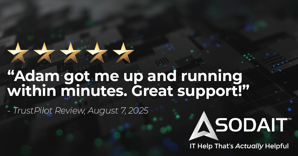 sodaITsupport's tweet photo. Well done to Adam on another 5 star review! If you need IT help that's 𝘢𝘤𝘵𝘶𝘢𝘭𝘭𝘺 helpful, talk to Soda IT on 📞: 03337720512 or ✉️: help@sodait.co.uk https://t.co/nODAbsV6SV