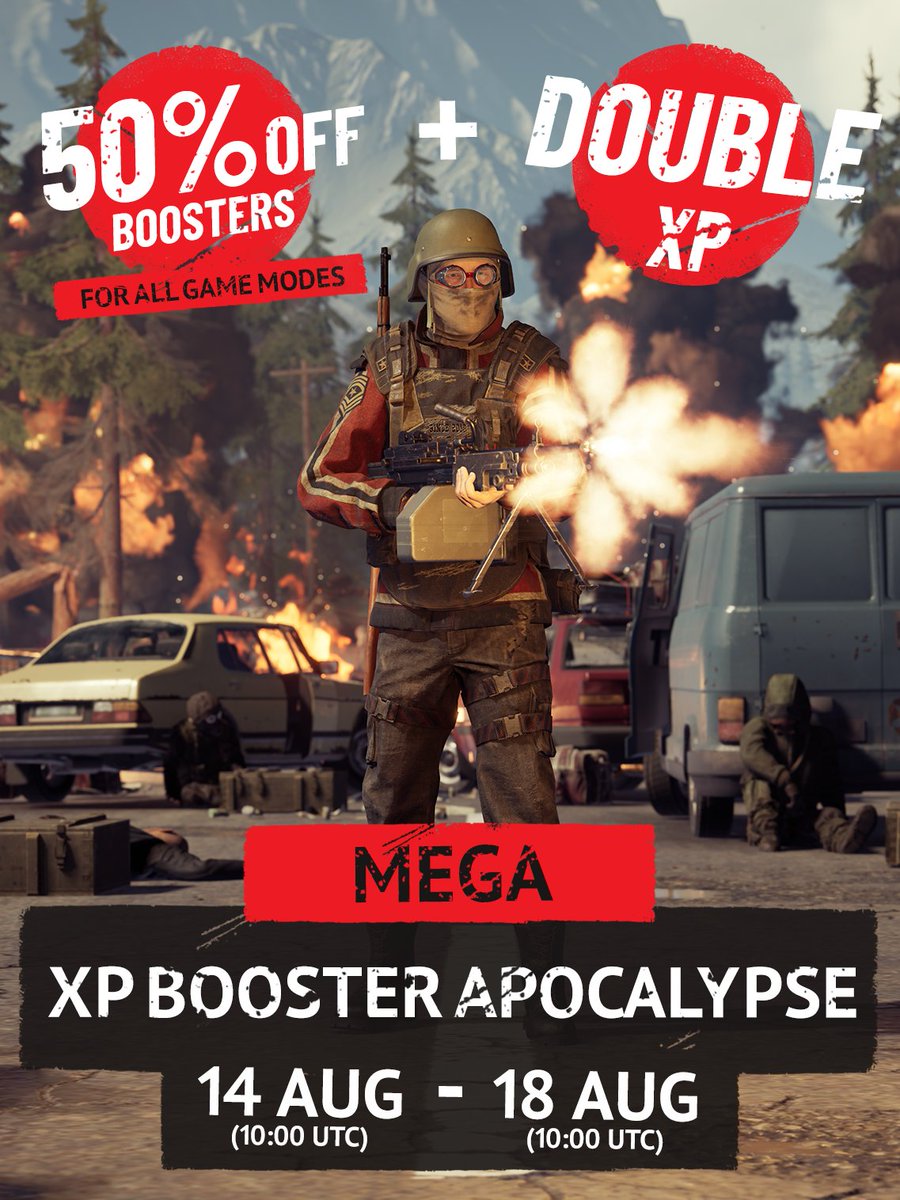 Hei Outlanders! 👋
Our Mega XP Booster Apocalypse is officially on!💥
Enjoy Double XP and 50% off Boosters for all game modes until Monday, August 18th at 10:00 UTC 🍅