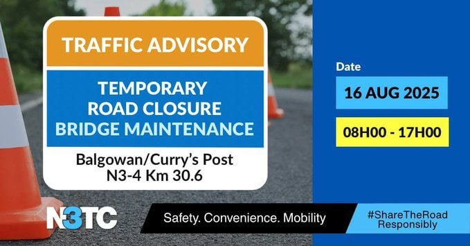 N3Route's tweet photo. 12h00 14/08 #N3TrafficAdvisory | #BePrepared for a #TemporaryRoadClosure and #TrafficDiversion at the Balgowan/Curry’s Post IC on Saturday, 16 August. #PlanAhead for possible #TrafficDisruptions and #Delays Read more: https://t.co/WjsAbwF6pT https://t.co/Oawq7Ah8X1