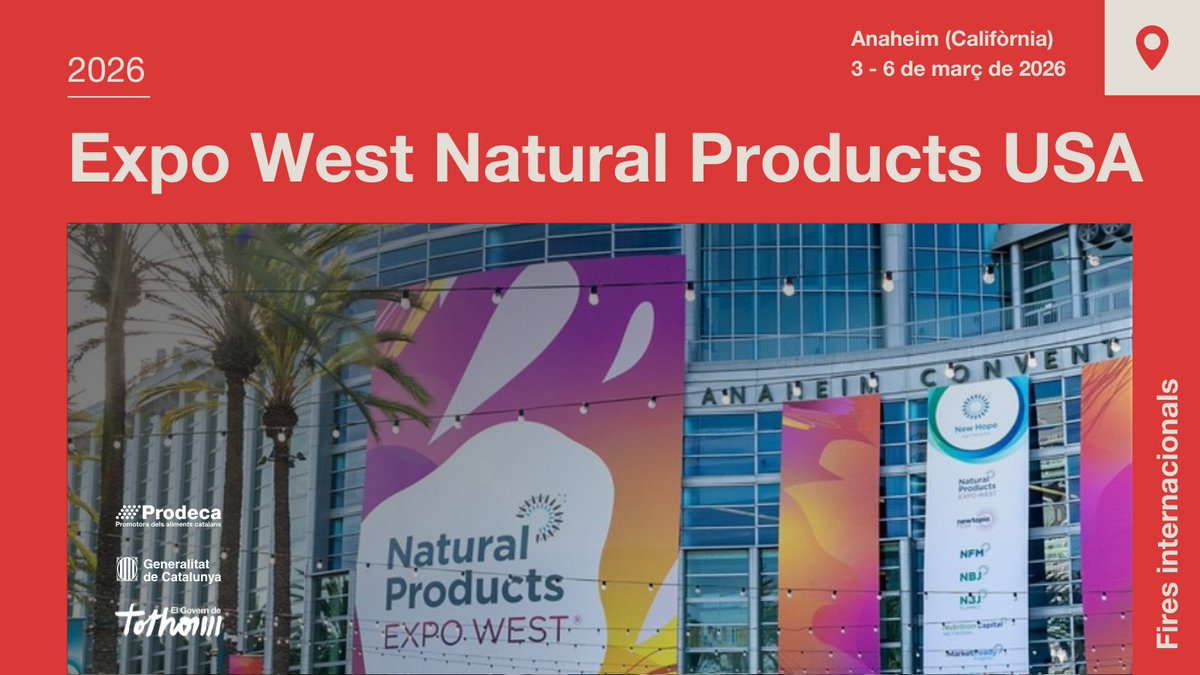 Prodeca (@prodecat) on Twitter photo 🚀 Oportunitat per impulsar els aliments catalans als #EUA!
📅 5-7 març 2026
📌 Anaheim, Califòrnia
🌎 Participa a Expo West Natural Products USA 2026 i connecta amb compradors, distribuïdors i prescriptors del sector natural i orgànic.
🔗 Inscripcions: tuit.cat/Yw6zU 🚀 Oportunitat per impulsar els aliments catalans als #EUA!
📅 5-7 març 2026
📌 Anaheim, Califòrnia
🌎 Participa a Expo West Natural Products USA 2026 i connecta amb compradors, distribuïdors i prescriptors del sector natural i orgànic.
🔗 Inscripcions: tuit.cat/Yw6zU