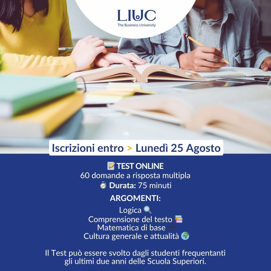 UniLIUC's tweet photo. 🎓Test di ammissione #LIUC
📅 𝟭/𝟬𝟵 𝗵𝟭𝟮:𝟬𝟬
📝 60 domande, 75 min
Iscrizioni e DSA entro il 𝟮𝟱 𝗮𝗴𝗼𝘀𝘁𝗼
Prepara il tuo futuro! 👇
https://t.co/pn4sUaqt2E
#LIUC #TestDiAmmissione https://t.co/s5l0Aqq5SS