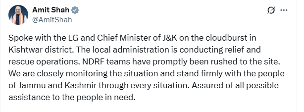 जम्‍मू-कश्‍मीर के किश्तवाड़ में बादल फटने से तबाही, 12 लोगों के शव मिले; रेस्क्यू जारी