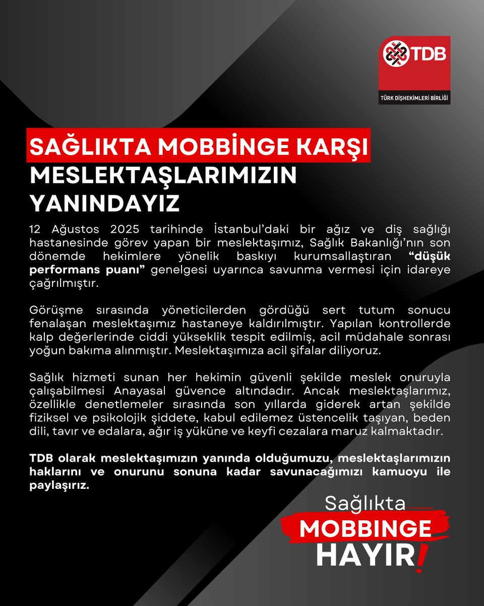 SAĞLIKTA MOBBİNGE KARŞI 
MESLEKTAŞLARIMIZIN YANINDAYIZ 
tdb.org.tr/icerik_goster.… 

#turkdishekimleribirligi #diş #sağlık #dişhekimi #tdbhaber #tdbd #dişhekimliği #gencdishekimleri #tdböğrencikolu #mobbing #sağlıktamobbing #sağlıktamobbingehayır