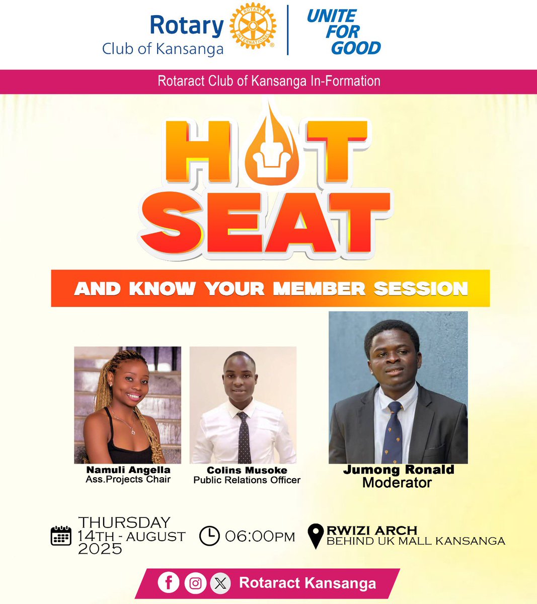 Rct_Kansanga's tweet photo. Hey Fam! 🔥✨
Our Hotseat session is back!

This Thursday we’re putting our members on the Hot Seat! Bring your fun questions, good vibes &amp; join us for laughs, snacks &amp; good company.

14th August | 🕕 6PM | 📍 Rwizi Arch, Kansanga
Don’t miss it — let’s make memories! 💛 https://t.co/85NpMlXiCh