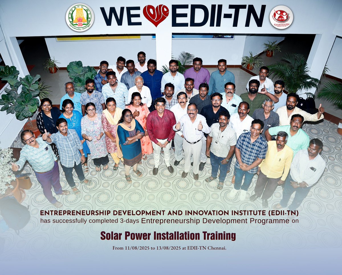 ☀️ Brightening Futures with Solar Skills! ⚡

EDII-TN successfully completed a 3-day Solar Power Installation Training (11–13 Aug 2025) in Chennai, empowering entrepreneurs to lead in the renewable energy sector. 🌱💡

#SolarPower #EDII #SkillDevelopment #RenewableEnergy