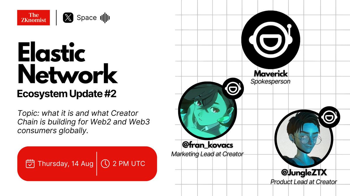 🎙️ Elastic Network Ecosystem Update #2
Topic: What <a href="/oncreator_/">Creator</a> is and what they are building for Web2 and Web3 consumers globally.

🗓️ 14 Aug
🕒 2 PM UTC
🎙️ Speaker: Maverick, <a href="/fran_kovacs/">flo ⭐️</a>, <a href="/JungleZTX/">JungleZTX</a>.
🔔 Set a reminder here: x.com/i/spaces/1BRKj…

✨ From the team behind