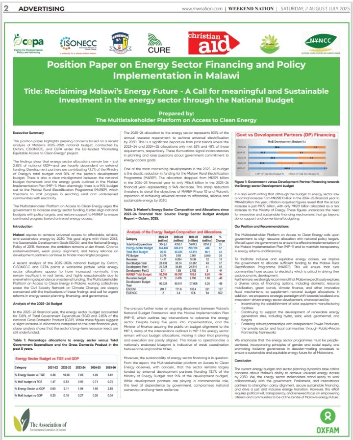 Civil Society Network on Climate Change (CISONECC) (@cisonecc_malawi) on Twitter photo 🚨 Concern over rural energy funding!
<a href="/juliusngoma/">julius ng'oma</a>, CISONECC National Coordinator, warns that a 94% budget cut to MAREP threatens rural development and Malawi’s goal of universal energy access by 2030. Over 70% reliance on donors risks national ownership. #EnergyAccess #Malawi 🚨 Concern over rural energy funding!
<a href="/juliusngoma/">julius ng'oma</a>, CISONECC National Coordinator, warns that a 94% budget cut to MAREP threatens rural development and Malawi’s goal of universal energy access by 2030. Over 70% reliance on donors risks national ownership. #EnergyAccess #Malawi