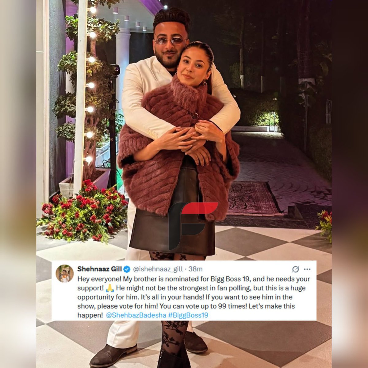FifafoozTv's tweet photo. Shehnaaz Gill shows her love and support for brother Shehbaz Badesha as fans vote to decide if he will enter Bigg Boss 19! ❤️
.

.
#ShehbazBadesha #BiggBoss19 #BB19 #FansKaFaisla #BiggBossOnJioHotsar
#BB19OnJioHotstar #ShehnaazGill https://t.co/bUy5U66piL