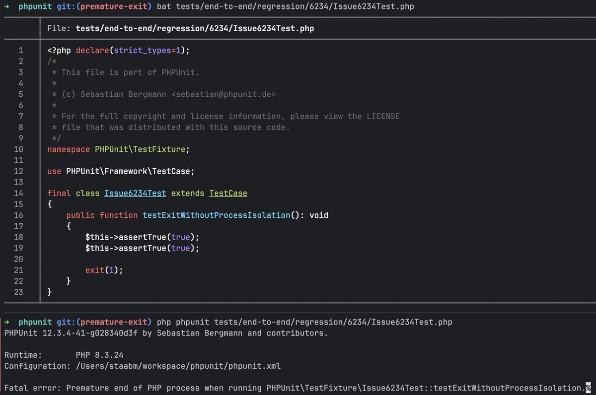 markusstaab's tweet image. Proposed a fix so #phpunit will exit with a error message in case a test calls exit() but does not use process isolation (so exits the PHPUnit process)

before PHPUnit exited without notice

Even worse, the test could exit(0), so the shell will not see a non-zero exit code

wdyt?