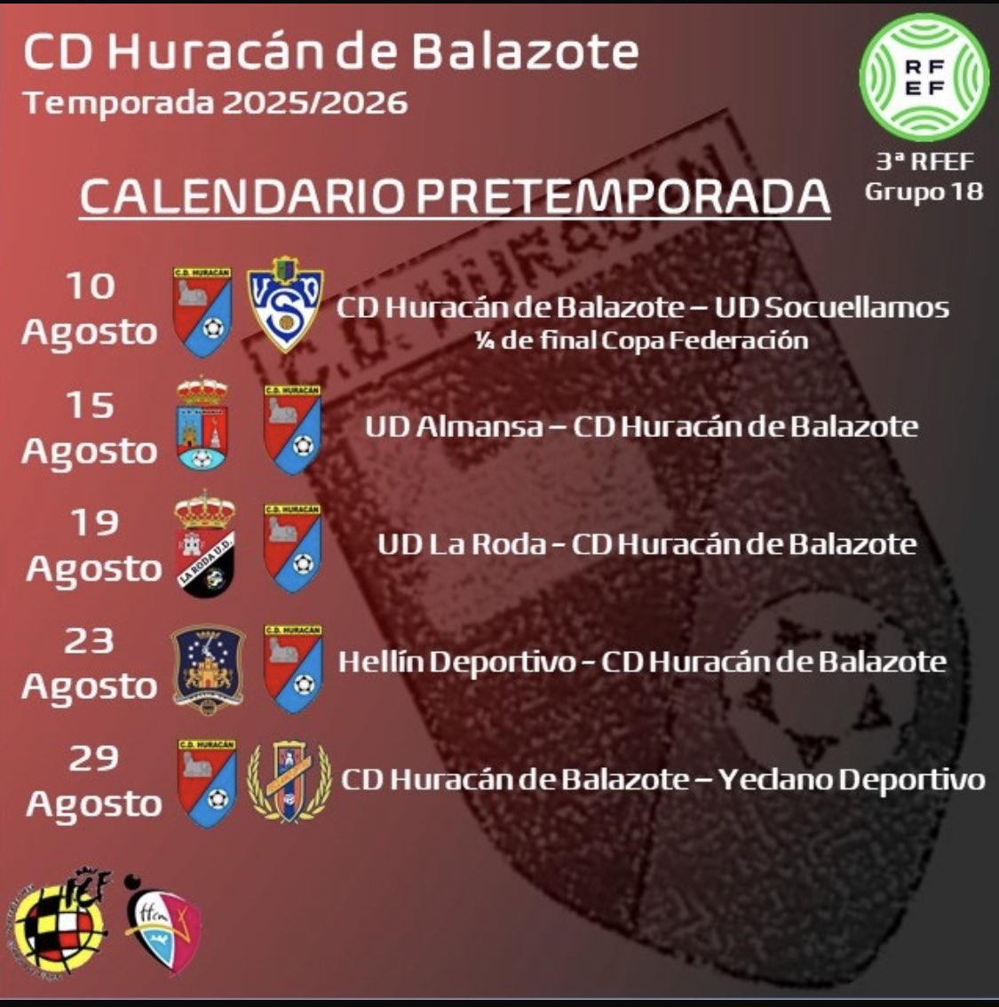 HuracanBoficial's tweet photo. Mañana 15 de Agosto, segundo test de pretemporada con visita @UDAlmansa para seguir cargando pilas🔋⚽️

📆 Viernes 15 de Agosto 
🚌 @UDAlmansa 🆚@HuracanBoficial 
🕗 20:00 H 
🏟️ Municipal Paco Simon https://t.co/ZYBbYj8crX