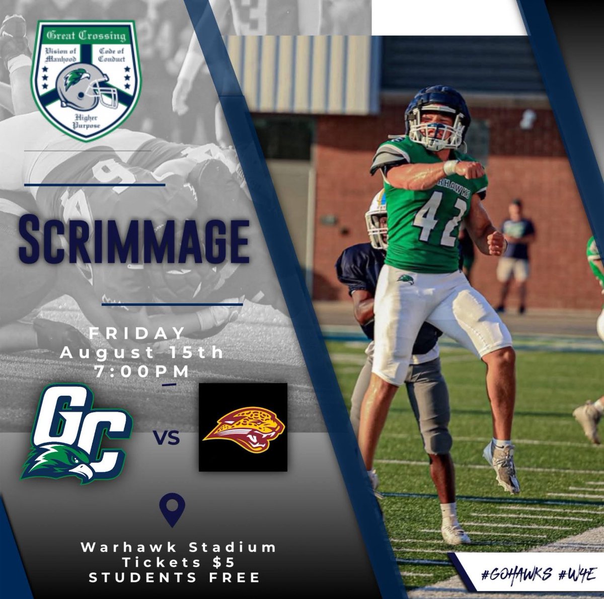 This Friday, the Warhawks are back in action for the second scrimmage before the regular season begins. Come out and support the team and cheer on your Warhawks! 

🎟️ $5
Students get in Free!