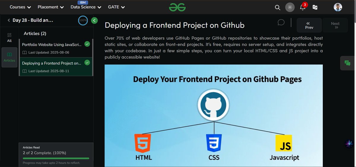 Ayusshs16's tweet image. Day 28 of @geeksforgeeks NationSkillup
 ✅ Deployed my latest frontend project using GitHub Pages 🚀
HTML + CSS + JS → Live &amp;amp; accessible to all! 🔗 Link in bio
#NationSkillup #WebDevJourney #GitHubPages