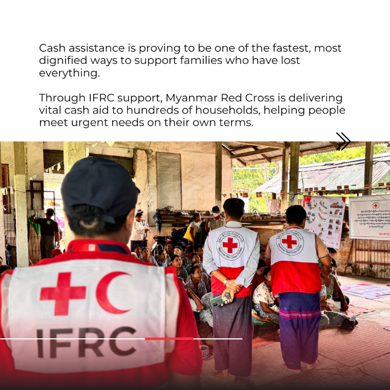 ifrc's tweet photo. 💨 After #TyphoonYagi, the @MyanmarRedCross, supported by IFRC, provided over 614 million MMK to 1,536 households 🏠.
“The whole village is happy. I’m very grateful to MRCS.”
🌍 Local action + global solidarity = aid that’s fast, fair, and rooted in real needs.