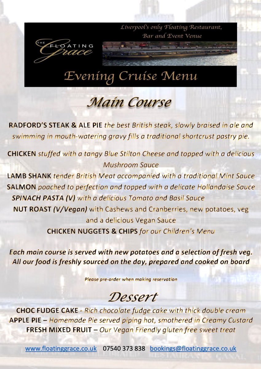 "Could not fault this 2 hour cruise around the docks. Everything was fantastic - the boat, the crew, the food and the facilities..brilliant atmosphere with interesting facts about the docks and great music." Hazel M

Reserve your table for an Evening Meal Cruise 

07540 373838