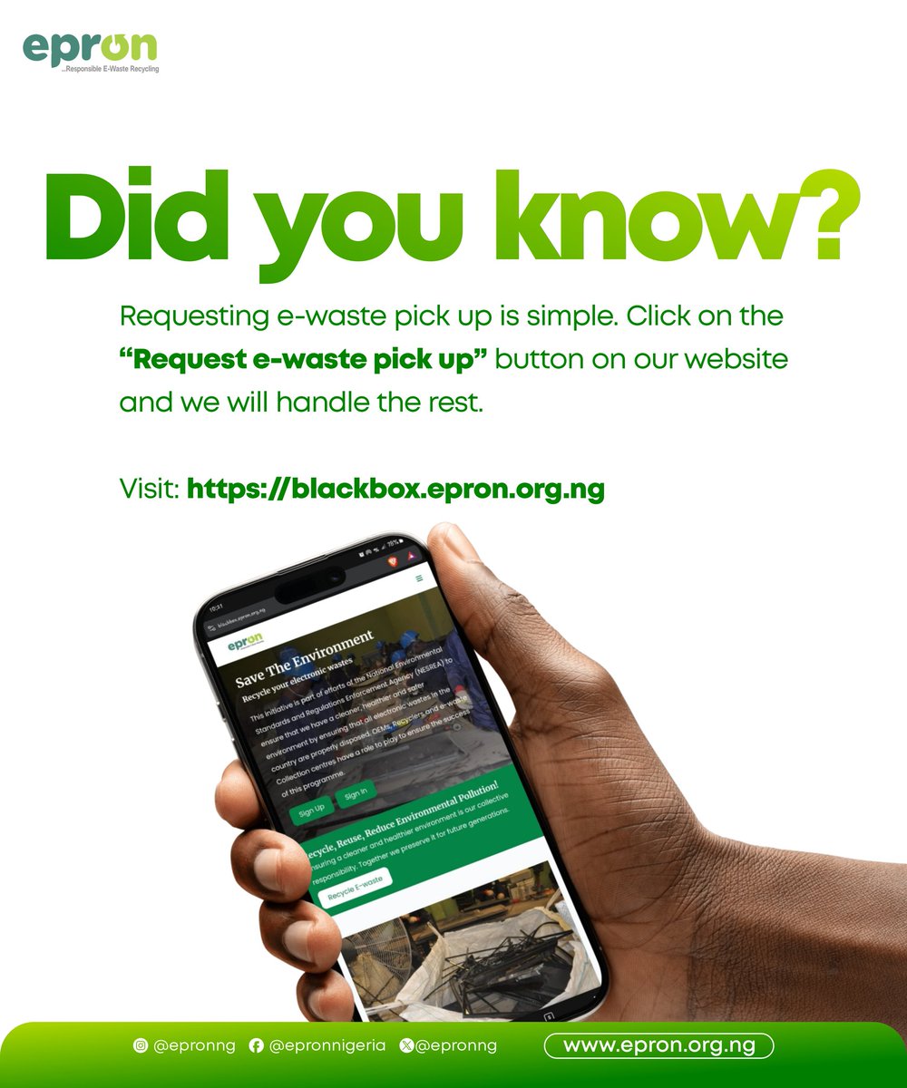 ♻ Did you know that recycling your old electronics is now as easy as a few clicks? 

All you need to do is visit blackbox.epron.org.ng, click the “Request e-waste pick up” button, and our team will handle the rest.

#EPRON #blackbox #EEE #EwasteAwareness #ElectronicsWaste